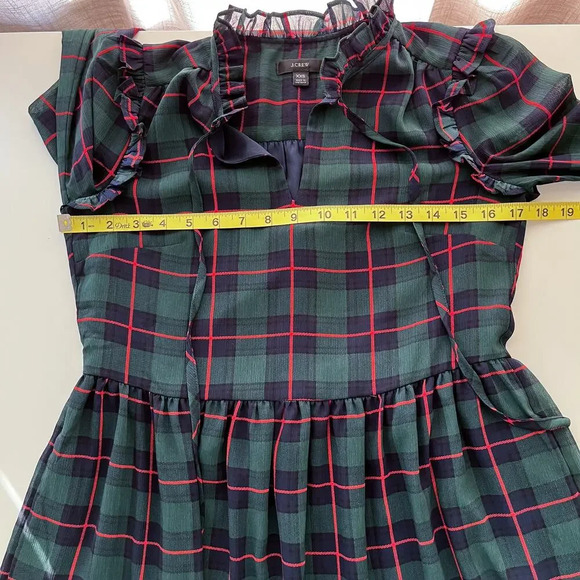 J.Crew Tie-Neck Tiered Dress Black Watch Tartan Plaid XXS Red Green Holiday - Picture 11 of 12